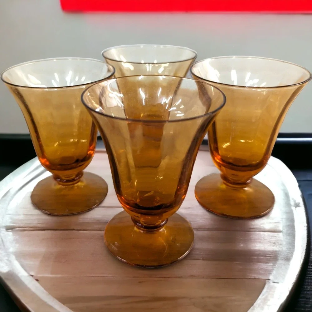 Set of 4 Vintage Amber Glass Footed Cocktail Glasses 2.75